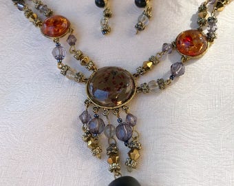 Intricate & Ornate Beaded Necklace Matching Earrings Set