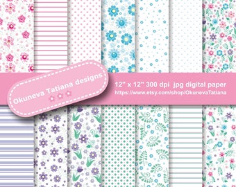 Digital Vintage Floral Linen Paper Pack, 14 JPG Seamless Pattern, 300 dpi 12"x12" Background, Instant Download Pattern Scrapbooking