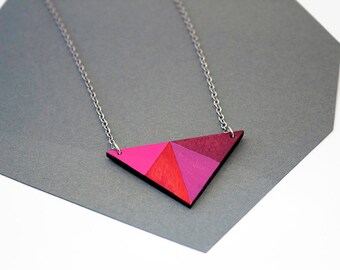 Geometric, wooden triangle necklace - pink, red, purple, merlot - minimalist, modern jewelry