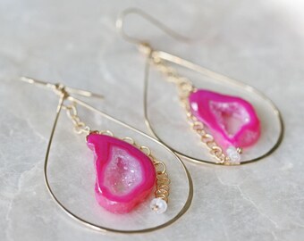 Druzy Earrings, Geode Earrings, Pink Druzy Earrings, Hoop Earrings, Hammered Hoop Earrings, Pink Geode Earrings, Moonstone Earrings