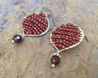 Garnet gemstone silver hoop statement earrings