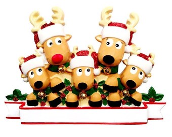 Reindeer with Bells Family of 5 - Personalized Christmas Ornament - Reindeer Ornament - Reindeer Family Ornament - Reindeer Bells