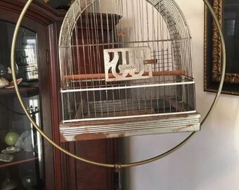 Vintage Brass and Steel Floor Standing Bird Cage circa 1930-1940