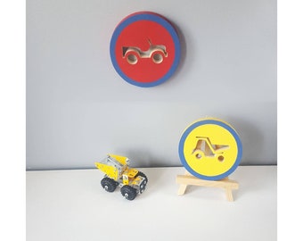 Truck Wall Art For Boys Room Decor, Toddler Room Decor, Two Piece Wall Art For Boys, Red Blue And Yellow, Red Truck Wall Art, Blue Bedroom