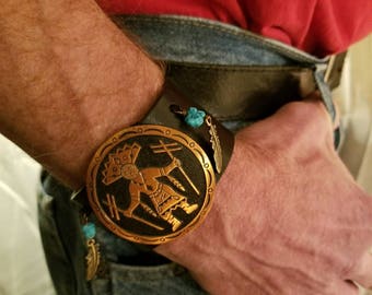 Vintage Kachina dancer leather cuff bracelet