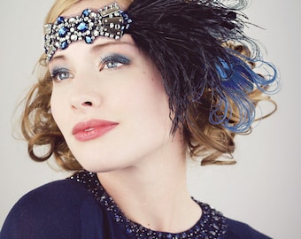Deco Flapper Feather Headband Black Silver and Sapphire Blue