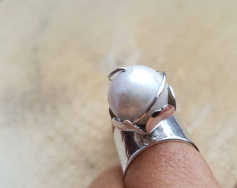 Pearl Ring Silver White Pearl Ring Sterling Silver Pearl Gemstone Ring June Birthstone