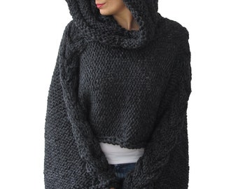 Plus Size Knitting Sweater Capalet with Hoodie - Over Size Dark Gray Cable Knit by Afra