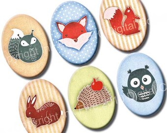 18 x 25 mm ovals Forest Friends. Digital images for cabochons, cameos. Woodland animals printable collage sheet download 18x25 mm