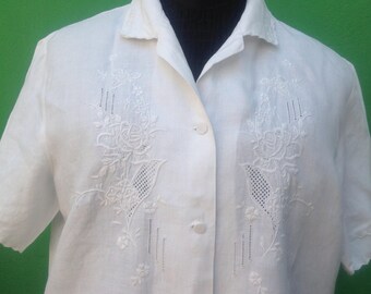 80s Vintage Top | Antique White cotton Blouse | Embroidered Blouse | Vintage Blouse | Embroidered Shirt | Embroidered cotton blouse
