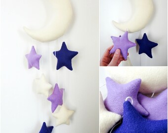 Moon and stars mobile, purple nursery, baby shower gift, felt stars decor, bedroom wall hanging, stars and moon nursery, felt moon mobile