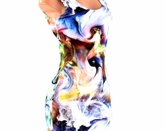Swirling Smoke Print Lycra Spandex Bodycon Clubwear Tank Dress -150359