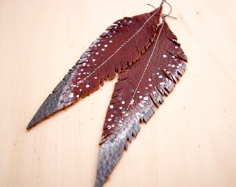 Long Burgundy Brown, Pewter and Silver Accent Hand-painted Reclaimed Leather Feather Earrings