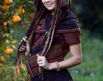 Handmade Hooded Scarf with hood Black Embroidery Tribal Pattern Gypsy Jungle Nomadic Kashmiri Festival Nomadic Primitive Earthy Rave AJJAYA