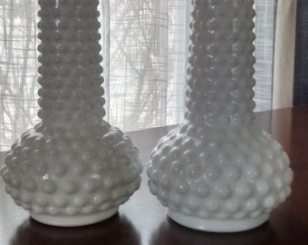 Hobnail Milk Glass Vases 1960s, Pair