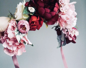 The Burgundy Peony half head Flower Crown with satin ribbon - bridal crown - flower garland - hen party - baby shower