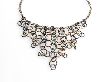 Fringe chainmail necklace made from copper rings in anthracite color. Chainmaille statement necklace. Boho chic handmade