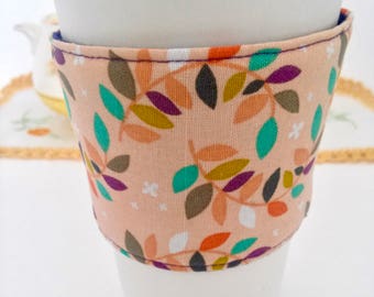Coffee Cozy, Coffee sleeve, Coffee Cup Cozy, Peach Floral Coffee Cozy, Peach Coffee Cup Cozies, Fabric Coffee Cozy, Floral Coffee Cozy,