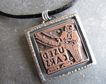 Used Cars Letterpress Necklace in Sterling Silver