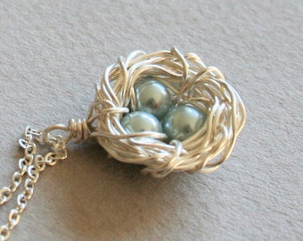 Bird Nest Necklace , Three Eggs, Nest Necklace. Sterling Silver, Bird Nest with Light Blue / Grey Eggs. Mother's Day Gift. Mom Kids Necklace
