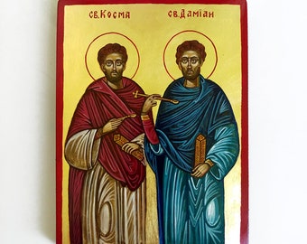 Saints Cosmas and Damian handpainted icon original, 8 by 6 inches