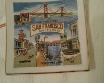 Free Shipping!!! Vintage Mid Century Ceramic 3.875" Square Commemorative Souvenir Plate From San Francisco California Made In Japan