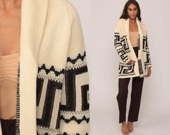 Bohemian Cardigan Ethnic WRAP Sweater 70s BOHO Knit Tribal Chunky Vintage Hippie Aztec Festival 1970s Cream Brown Medium Large