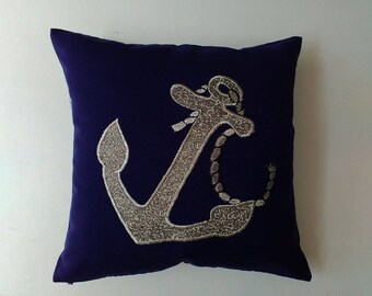 Aqua marrain blue anchor pillow nautical pillow cover decorative throw pillow. Mattalic anchor embroidery. 18 inch