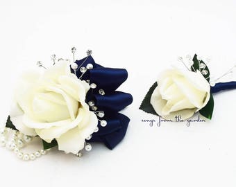 White Navy Real Touch Rose Wedding Boutonniere & Wedding Corsage with Crystals and Pearl Accents Wedding Homecoming Prom Corsage