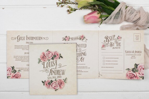 Rustic Wedding Invitation - Double-Folded Ivory Rustic Rose (landscape)