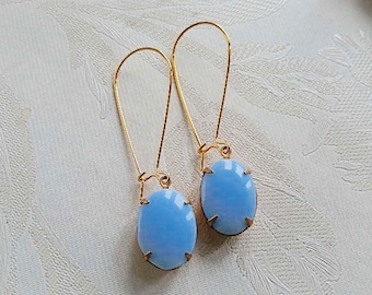 Pale Blue Opaque Glass Earrings, Vintage 70's Glass, Long Dangly Earrings, Gift for Her