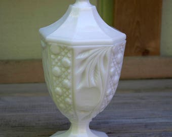 Milk Glass Covered Candy Dish Paneled Pedestal