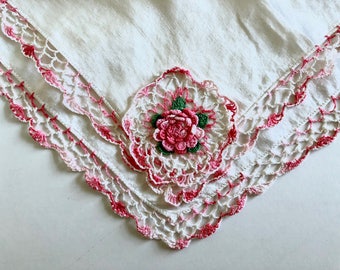 Handkerchief, Vintage Hand Crocheted Rose Flower, Pink, White, Floral Crochet Hankies, Gift for Bride, Something Old, Vintage Wedding