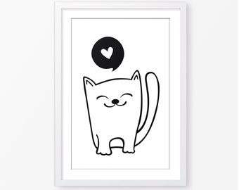 Cat illustration,printable wall art,childrens room decor,baby gift,digital file,black and white,monochromatic art print,baby nursery decor