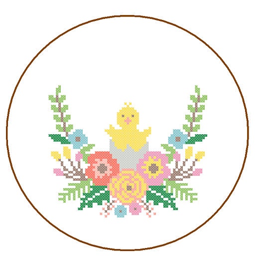 Modern Easter chick Cross Stitch Pattern with a floral touch