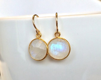 Moonstone Gold Earrings, Rainbow Moonstone, Faceted Round Moonstone Gemstone