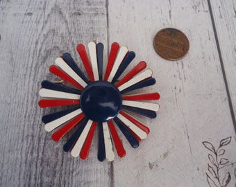Vintage Enameled Flower Brooch, Red, White and Navy Blue