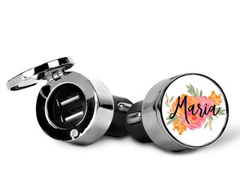 Vintage Floral Design Personalized Car Charger with 2 USB Ports - Travel Charger for Vehicle - Flower Bouquet with Name Flip Top
