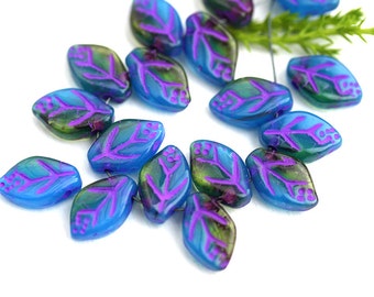 12x7mm Leaf beads, Dark Blue Olive Green Mixed color, Fuchsia Pink Inlays, Czech glass pressed leaves - 25Pc - 1799
