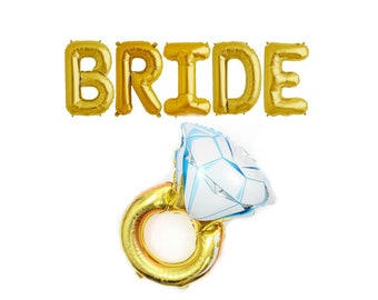 BRIDE Gold 16" Balloons - BRIDE Balloon Banner - Diamong Ring Balloon - Bridal Shower Balloons - Bachelorette Balloons