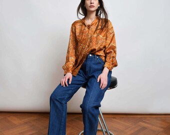 1970s Paisley Ascot Blouse 70s Vintage Orange Ascot Tie Top XS S M