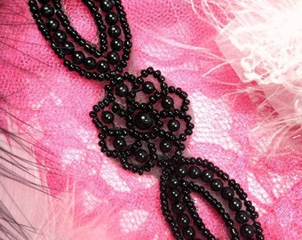 XR96 Black Pearly Flower Beaded Applique 5"