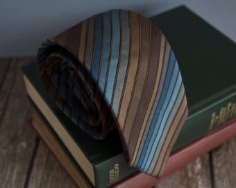 Vintage silk tie, biaggini mens necktie, silk neck tie, ribbed striped cravat cravatte / brown blue STAIN