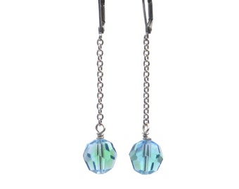 long blue crystal drop earring, crystal dangle earring, crystal and chain earrings, blue & green crystal dangle earring, retro look earring