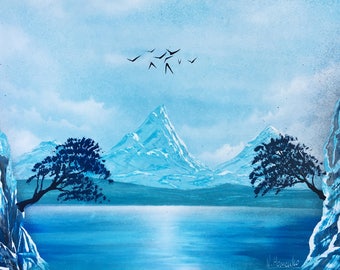 Mountain art Mountain painting Mountain landscape Trees landscape Blue landscape Blue and White Painting Grey White Wall Art Sea mountain