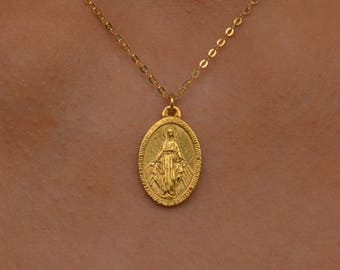 Gold Miraculous Medal, Virgin Mary Necklace, Miraculous Medal Necklace, Mother Mary Necklace, Religious Medal, Miraculous Medal Charm