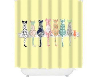 cat shower curtain, cats shower curtain, yellow shower curtain, yellow bathroom decor, cat decor, cat bathroom decor, kids bathroom decor