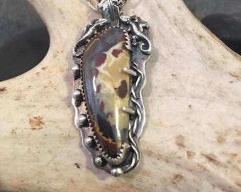 Boulder opal southwest design sterling silver pendant. "Lizard Love"