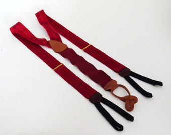 Vintage TRAFALGAR Suspenders / Braces / Woven Red and Black Silk w Woven Black Button Holders & Brass Adjusters / Great Gift Idea!!