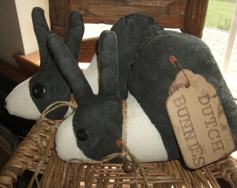 Primitive PAIR Grungy Rabbits Dutch Bunnies Vintage Button Eyes OFG HAFAIR Teams